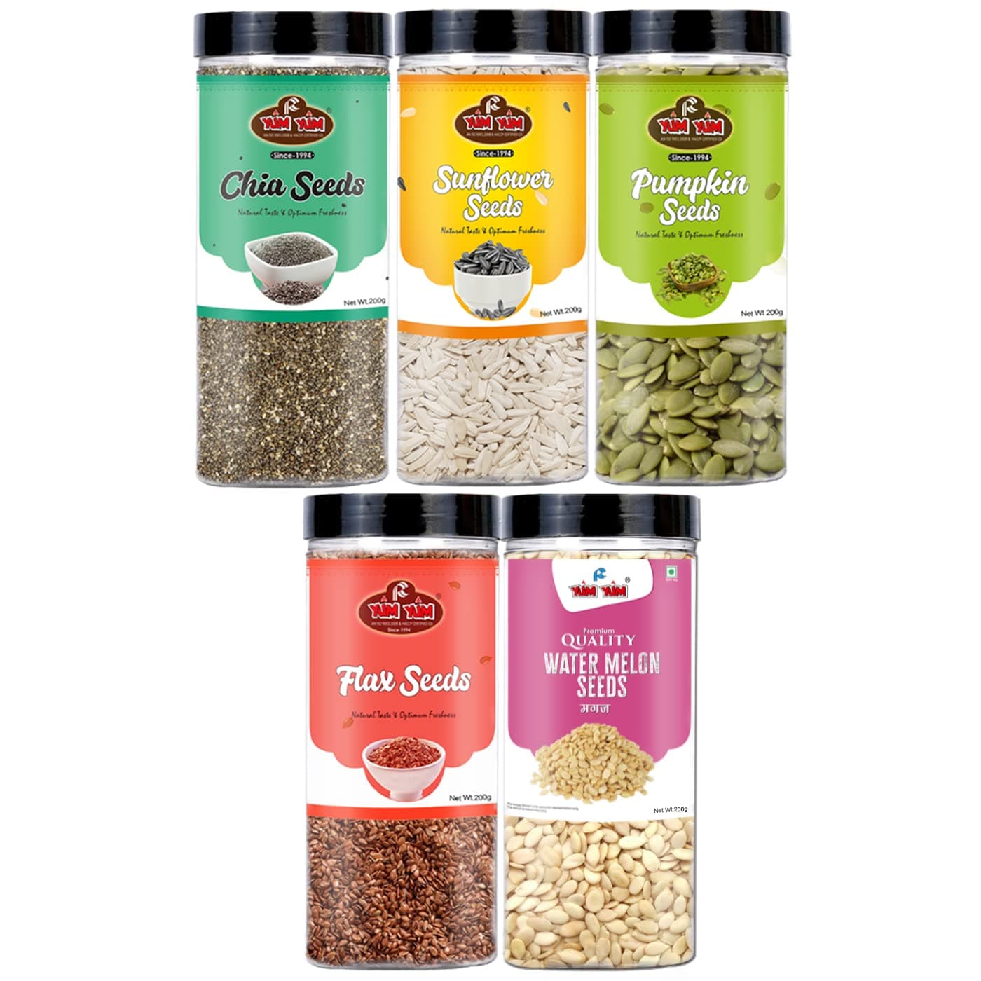 YUM YUM 1kg (Pack of 5-200g Jar Each) Edible Seeds Combo for Eating | Chia | Sunflower | Pumpkin | Flax | Watermelon Seeds | Diet Snacks|