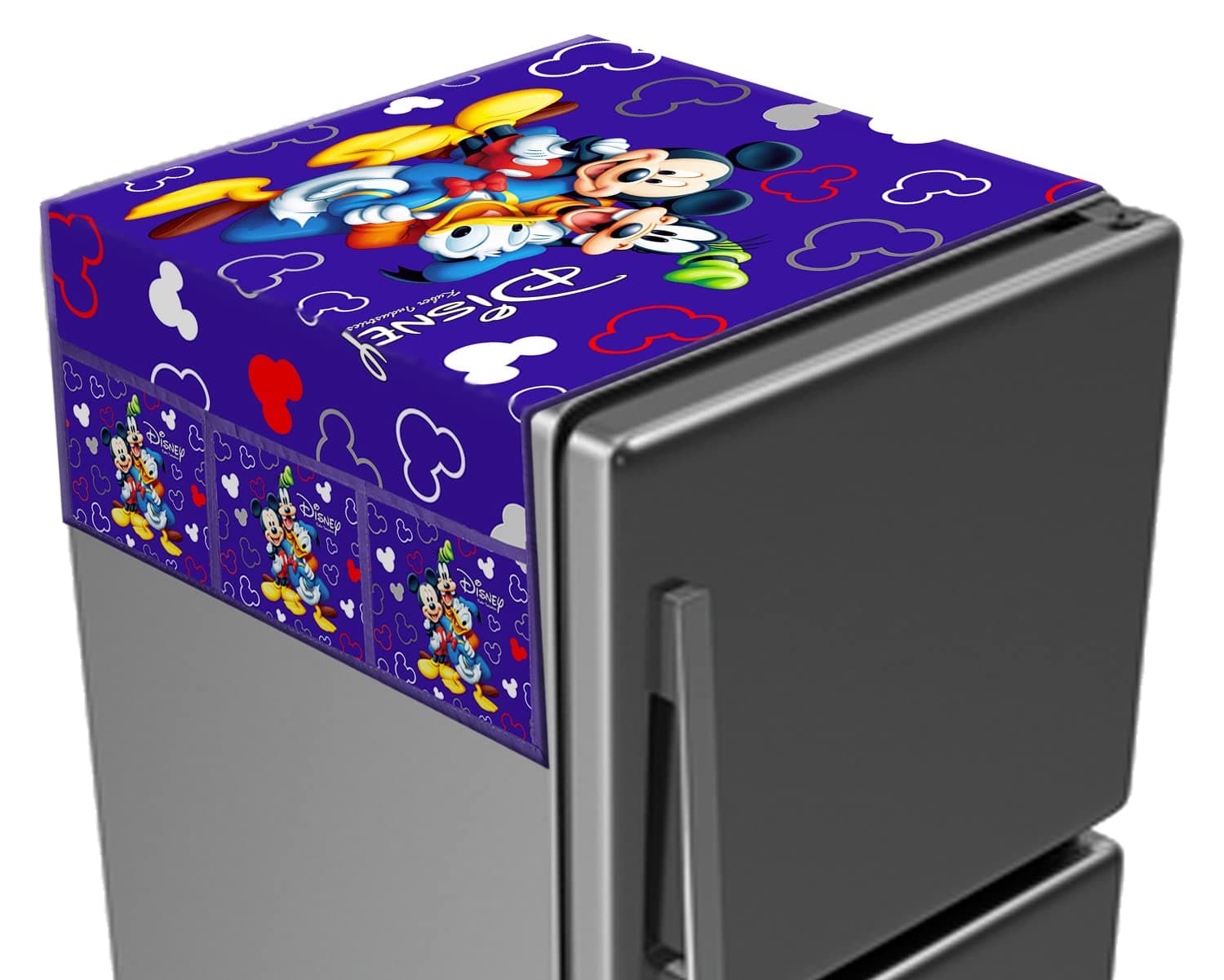 Kuber Industries Disney Print Satin Fridge Top Cover with 6 Utility Side Pockets (Blue)