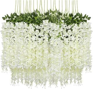 Pauwer 12 Pack (43.2 FT) Artificial Wisteria Vine Ratta Fake Wisteria Hanging Garland Silk Long Hanging Bush Flowers String Home Party Wedding Decor (White) | Garland Fake Flower, Vines Rattan Silk Flower String, Hanging Wedding Party Wall Decorations