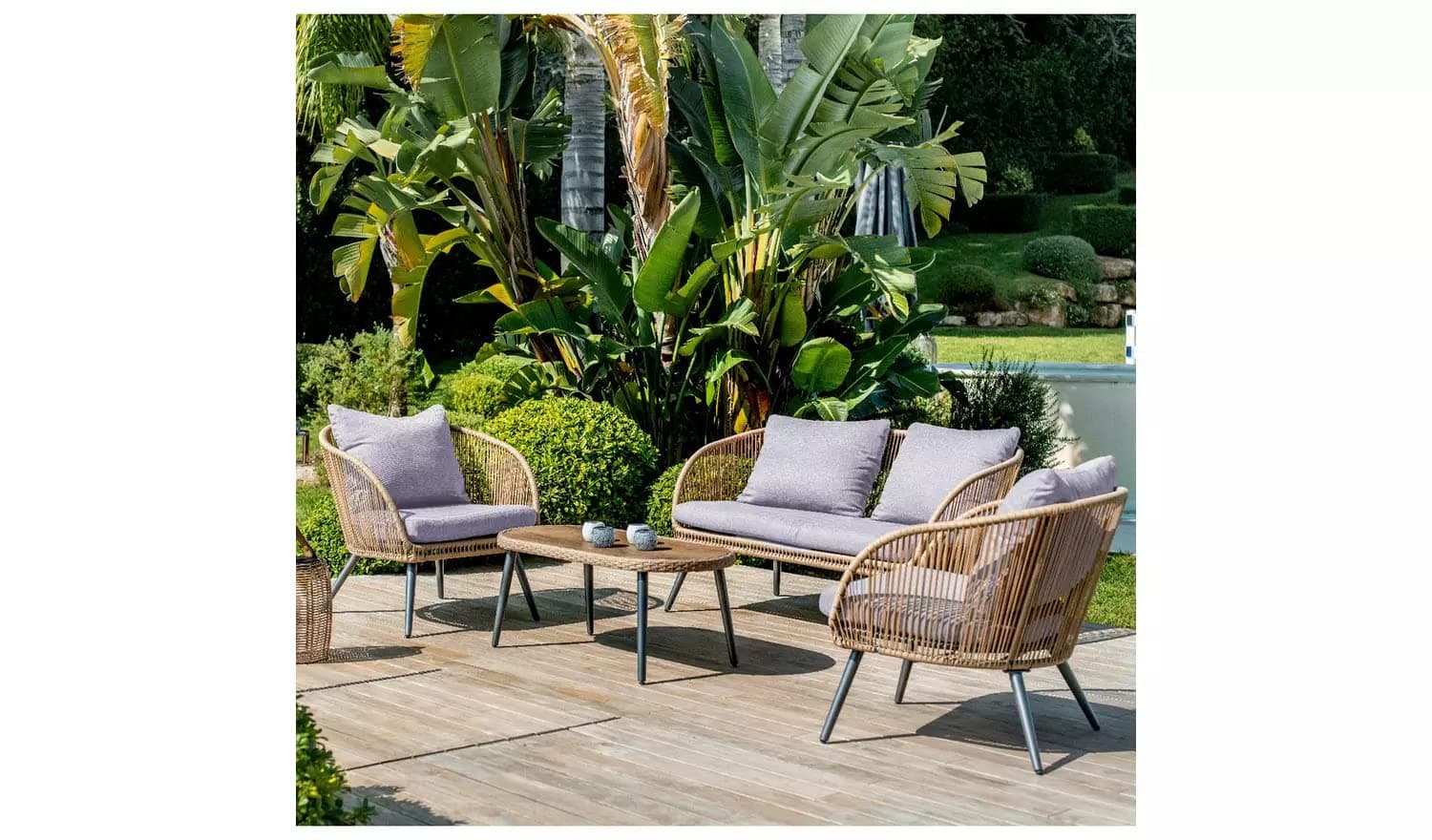 DEVOKO 4 Seater Sofa Outdoor Indoor Conversation Patio Garden Rope Furniture Set with Cushion and Center Table Wooden Top for Garden, Bacony, Poolside (Beige & Grey)