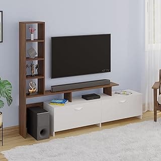 BLUEWUD Amy Engineered Wood TV Entertainment Unit Set Top Box Stand/TV Cabinet Panel with Shelves for Books & Décor Display Unit Bed Living Room Upto 65 Inches - DIY (Brown Maple & White)