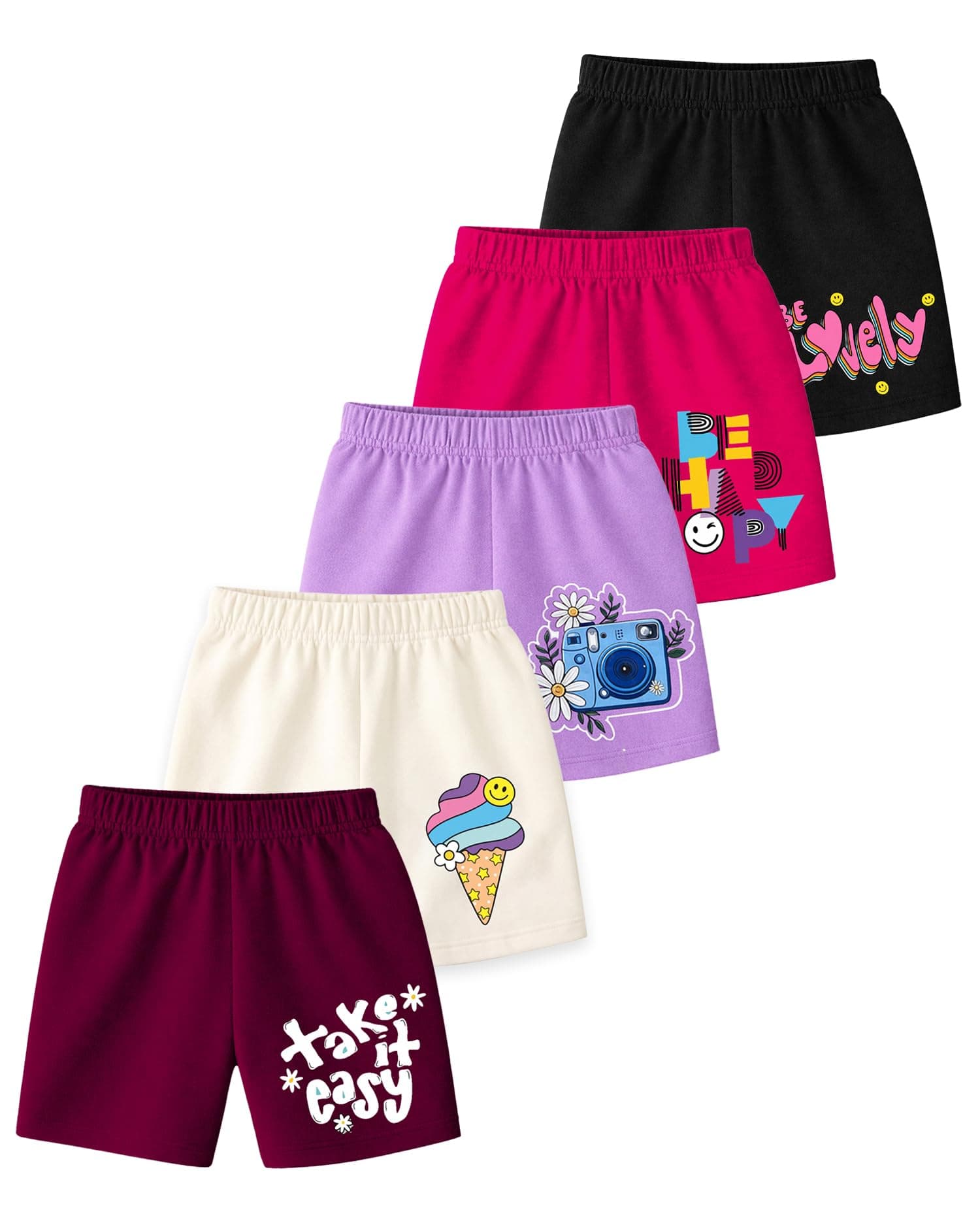 Kuchipoo Girls Cotton Printed Shorts | Elastic Waist | Summer Wear Shorts for Kids | Pack of 5