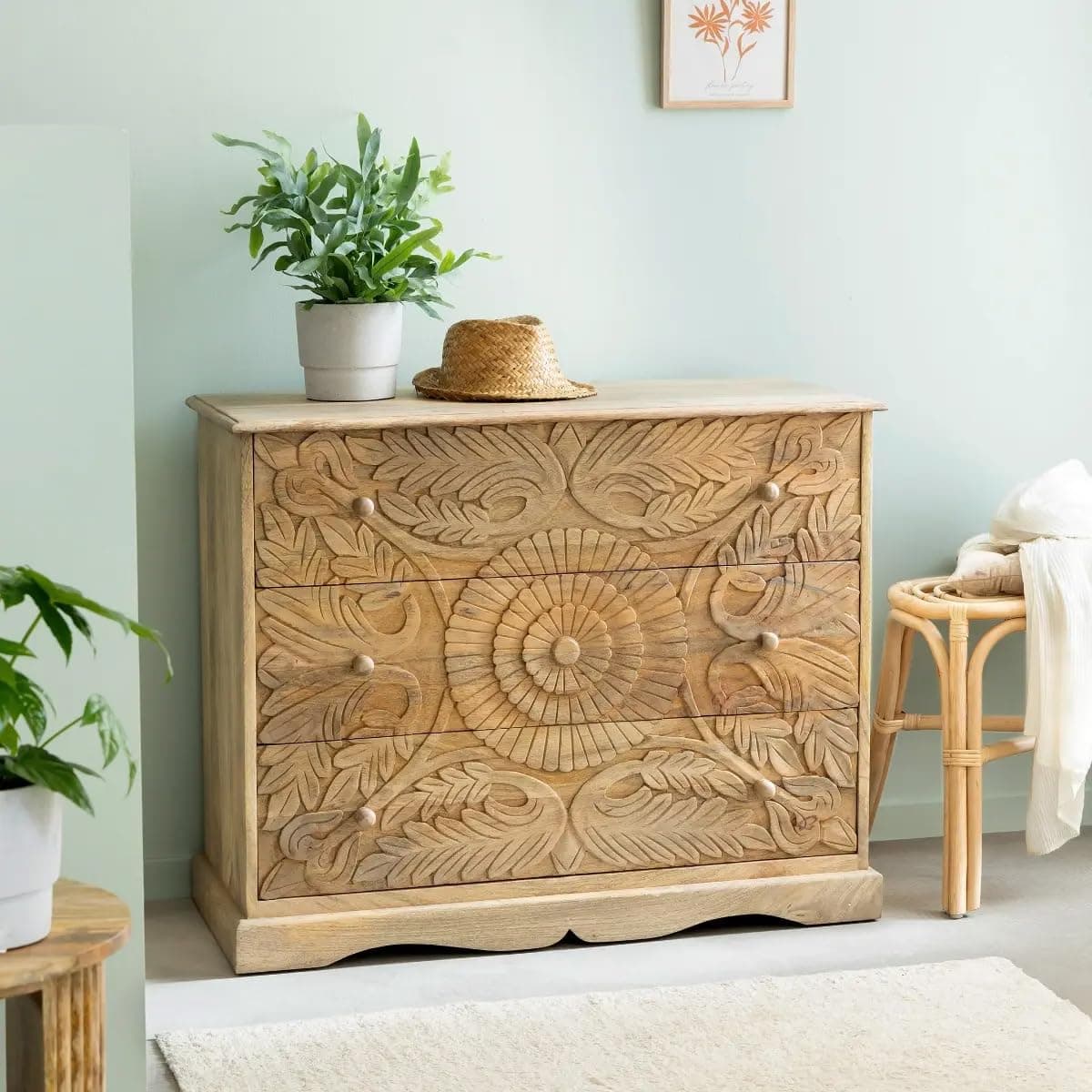 The Attic Jodhpur Drawer Chest, Kitchen and Living Room Storage, Solid Wood, Natural Matte Finish