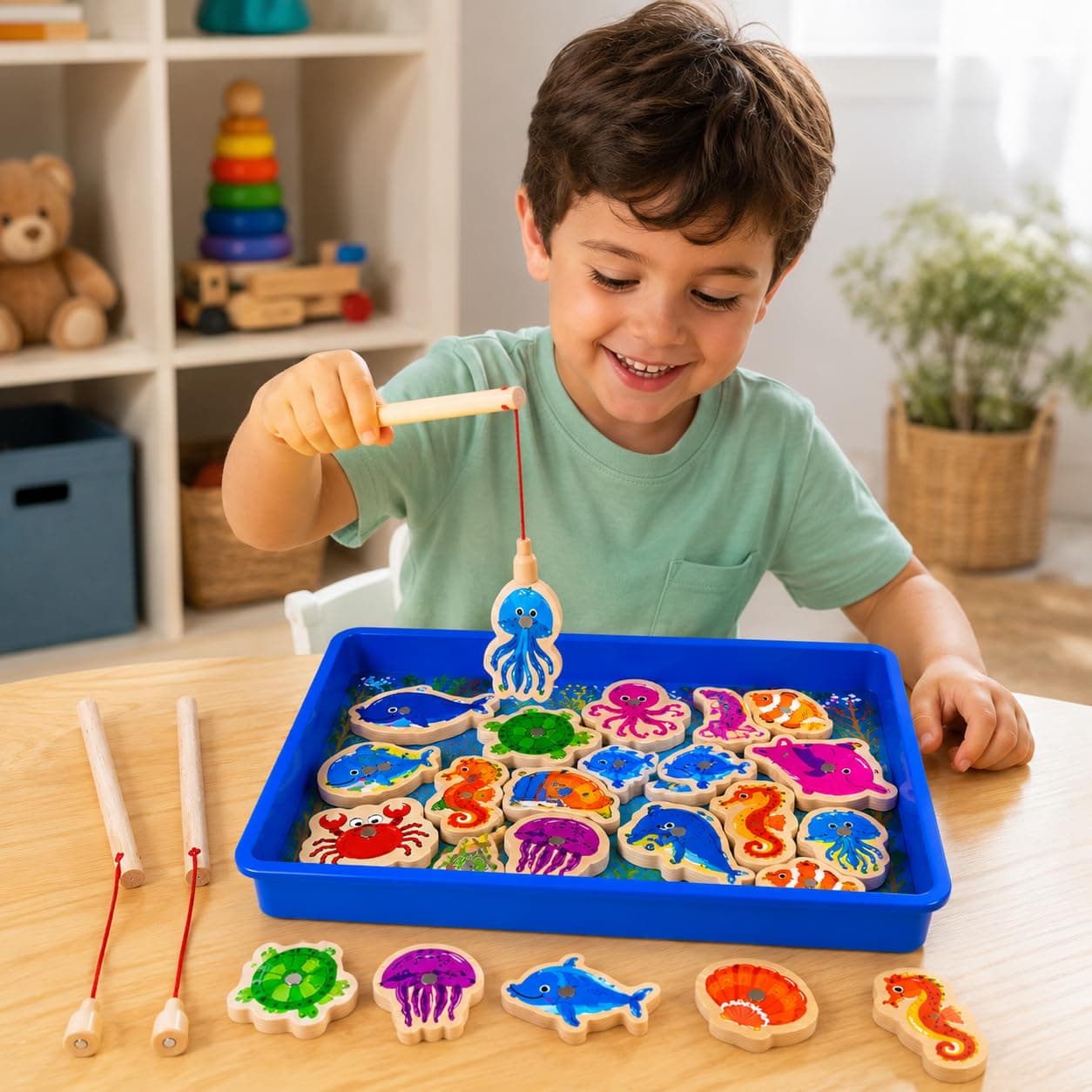 PLUSPOINT Wooden Fishing Magnetic Toy Set Fishing Game 32 Piece Fishes 2 Sticks 1 Tray Wooden Magnetic Fishing Travel Table Toy Christmas Birthday Gift Educational Games for Kids (Fish Game)