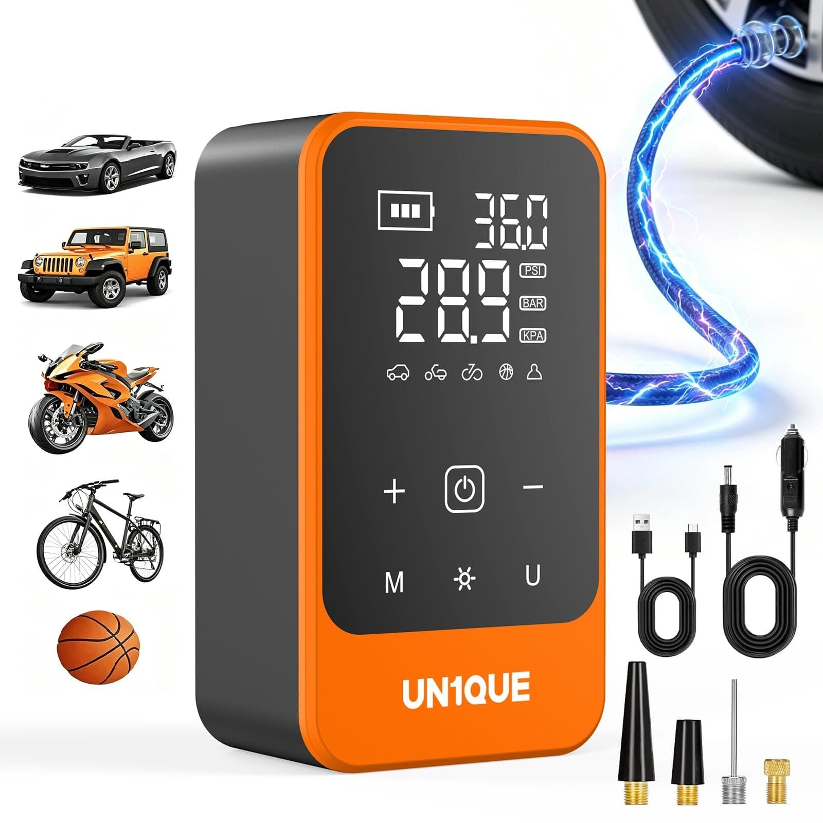 UN1QUE PT610 Cordless Tyre Inflator for Car, Dual Power-6000mAh & 12V DC, 150 PSI, Auto Shut-Off, Rechargeable Air Pump for Car Tyres, Bikes, Balls with LED Light & Digital Pressure Gauge