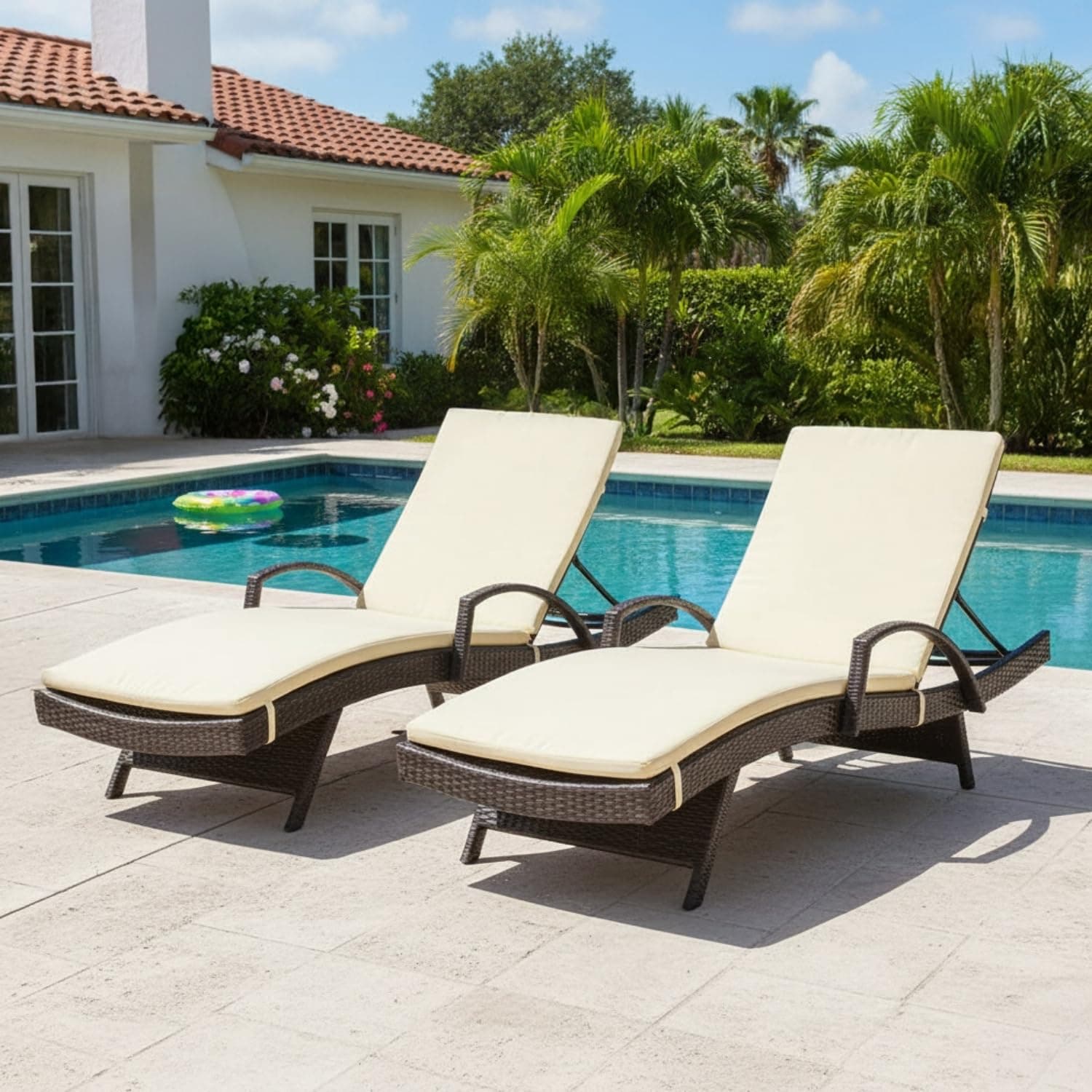 DEVOKO Outdoor Wicker Set of 2 Reclining Lounger with Adjustable Backrest Comfortable Armrest All Weather Comfort Weatherproof Cushions & Durable Metal Frame for Poolside, Garden (Dark Brown & Cream)