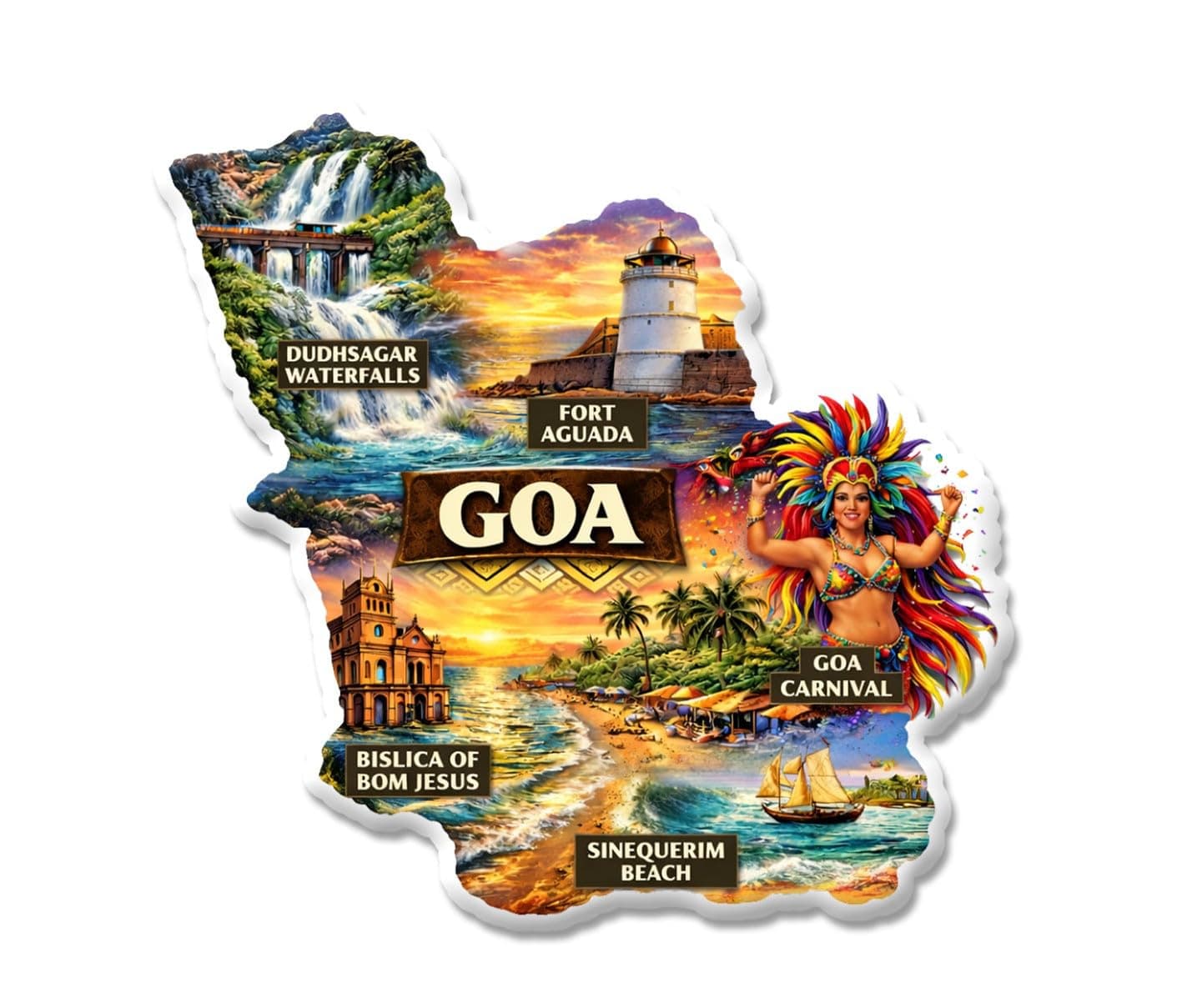 Goa Indian State Theme Souvenir Die-Cut Fridge Magnet for Refrigerator – Fort Aguada, Beach & Carnival Design, Multicolor (Set of 1)