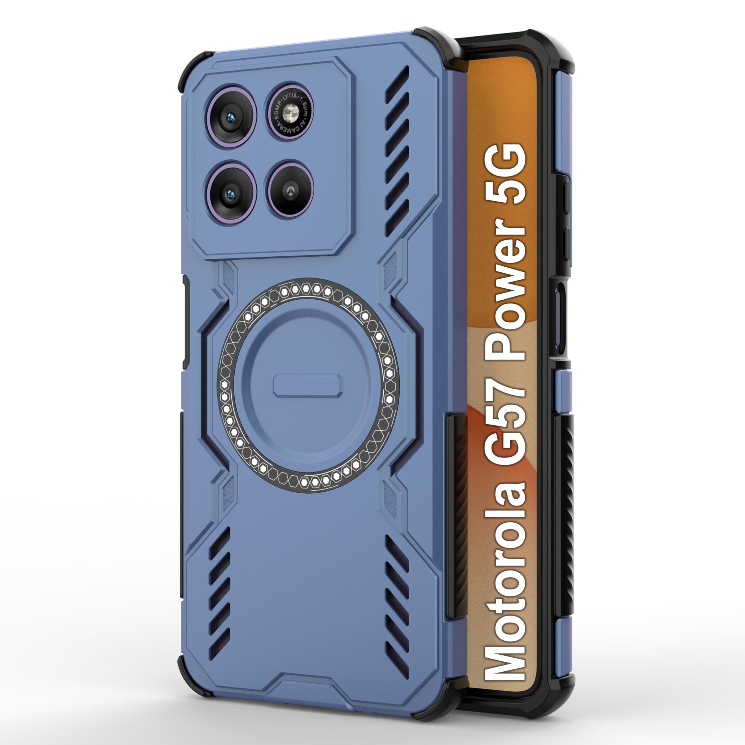 amazon basics Back Case Cover for Motorola G57 Power 5G | Magnetic Case with Built-in Metal Ring | Supports MagSafe Charger, Wallet & Car Mount | Shockproof Hybrid PC + TPU | Blue