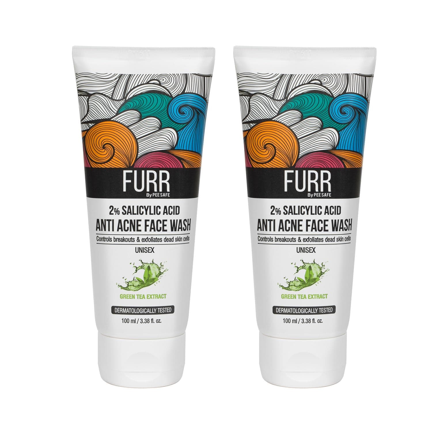 FURR Anti-Acne Face Wash 100ml | 2% Salicylic Acid & Green Tea | Pack of 2 | Face Wash For Men & Women, Reduces Redness, Exfoliates Dead Skin Cells, Paraben Free