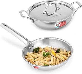 Wonderchef Venice Triply Stainless Steel 3 Pc. Cookware Set | Fry Pan 20cm, Kadhai with Lid 24cm | Non-Toxic | Safe to Use | Uniform Heating | Heavy-Duty Handle | Easy Cleaning | 10-Year Warranty