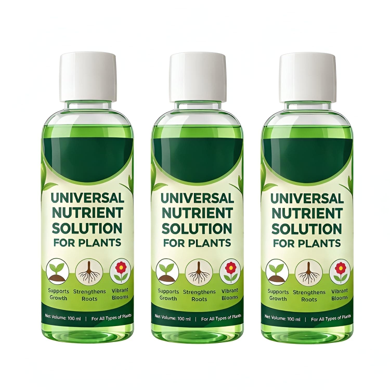 Universal Plant Nutrient Liquid Fertilizer (Each 100ml, Pack of 3) Boost Growth, Roots, Green Leaves, Indoor & Outdoor Plant, Easy Mix Formula for All Plants