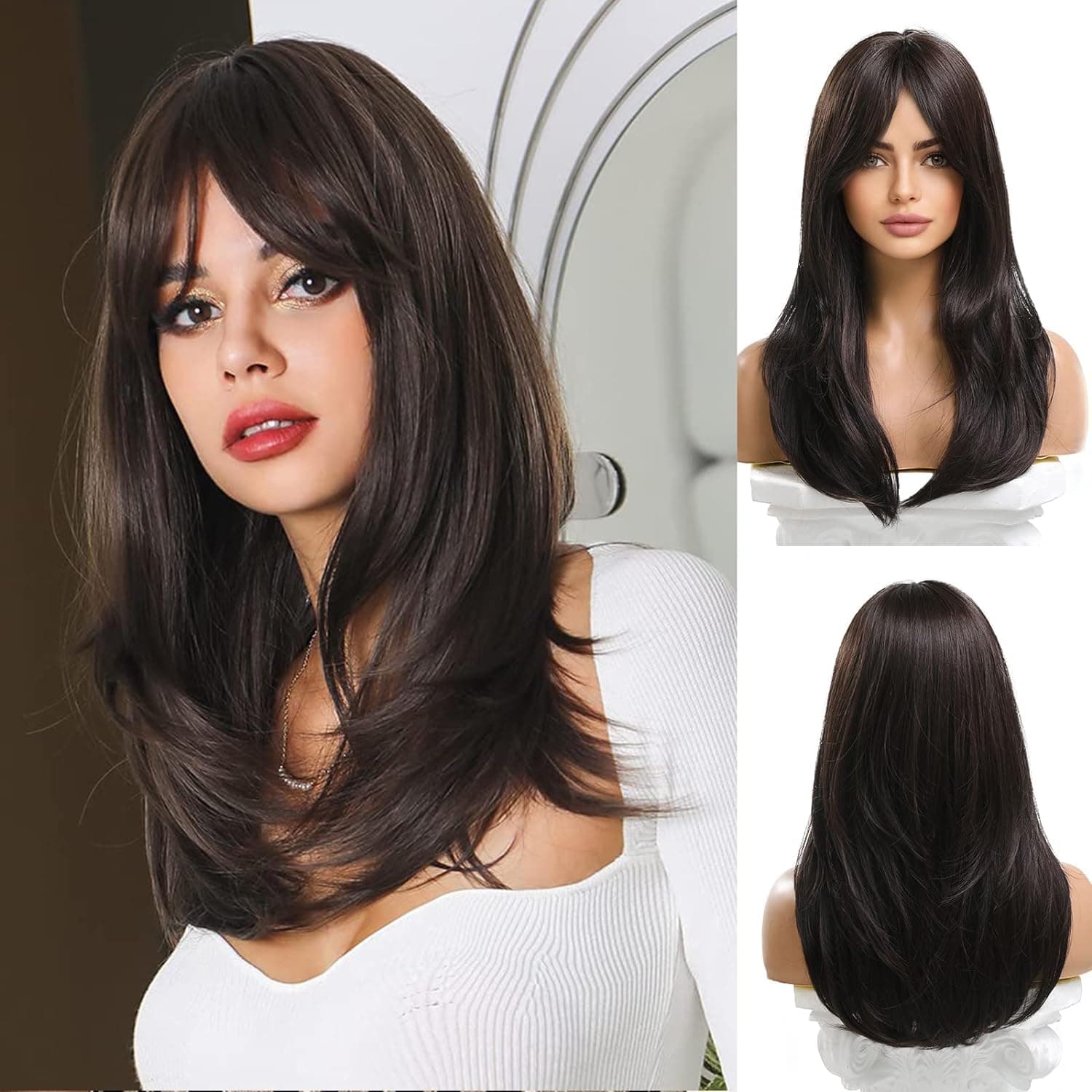 MISS LIRENN® Layered wig with bangs Synthetic wig Glueless Heat Resistant Fiber Hair Synthetic for Fashion Women Daily Party, 16 Inch Long (Shoulder Length), Brown Color + 02 Wig Cap Free (Brown)
