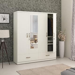 HomeTown Utsav 4 Door Wardrobe with Mirror White | Large White Wardrobe | Wooden Bedroom Storage Furniture India