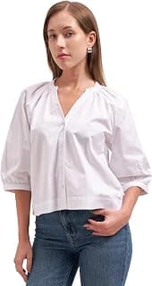 Tokyo Talkies Women's Solid Manderin Collar V Neck Front Placket Tops