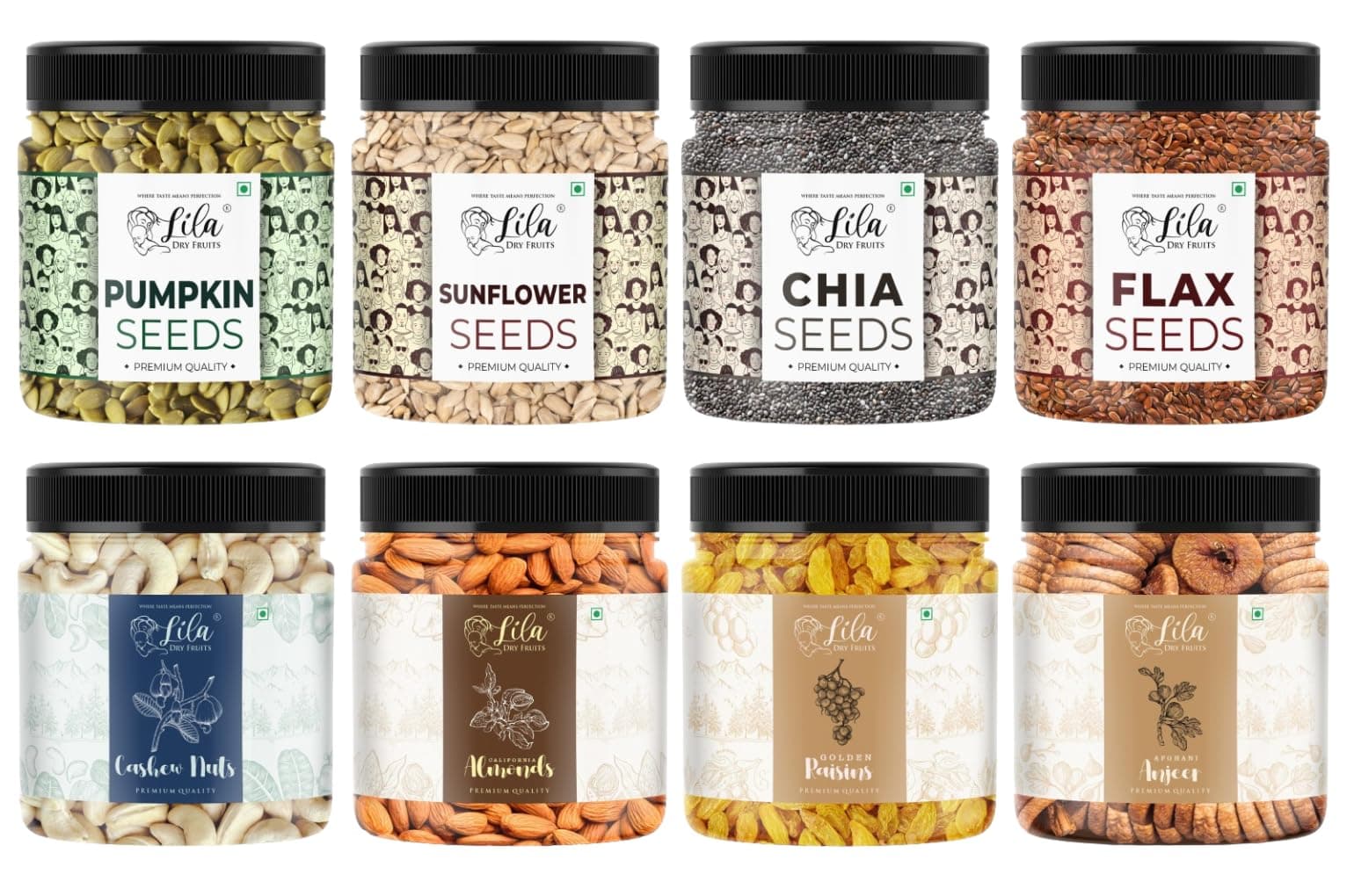 Lila Dry Fruits Superseeds and DryFruits Combo (100 Gms x 8) | Chia Flax Pumpkin Sunflower Seed + Cashew Almond Fig Raisin | Daily Snacks for Healthy Diet | Rich in Protiens Perfect for Gifting