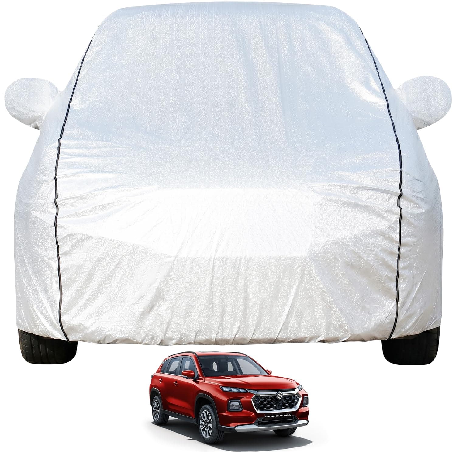 Pivalo Car Cover for Maruti Grand Vitara All Model & Years (2022-2026) 100% Waterproof with Mirror Pockets, Triple Stitched Bottom Elastic Dustproof Full Body Protection (Heat & UV Resistant, Silver)