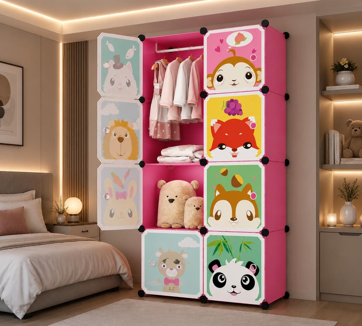EXVITO 8 Door Kids Plastic Wardrobe for Clothes, Foldable Plastic Almirah for Clothes, Collapsible Wardrobe for Storage, Baby Cupboard for Clothes, Storage Rack for Kids - MT-Pink