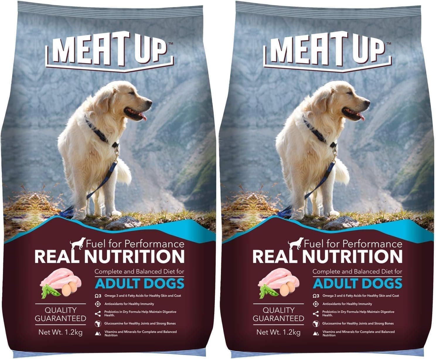 Meat Up Adult Dry Dog Food 2.4kg (1.2kg + 1.2kg) | Chicken Flavour | Healthy Skin & Coat | Antioxidants | Enriched with Vitamins & Minerals