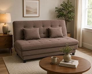 Solid Wood 3 Seater Sofa Cum Bed Brown Suede velevt Fabric with Two Cushions Perfect for Home Living Office Room and Guests (2 Year Warranty)
