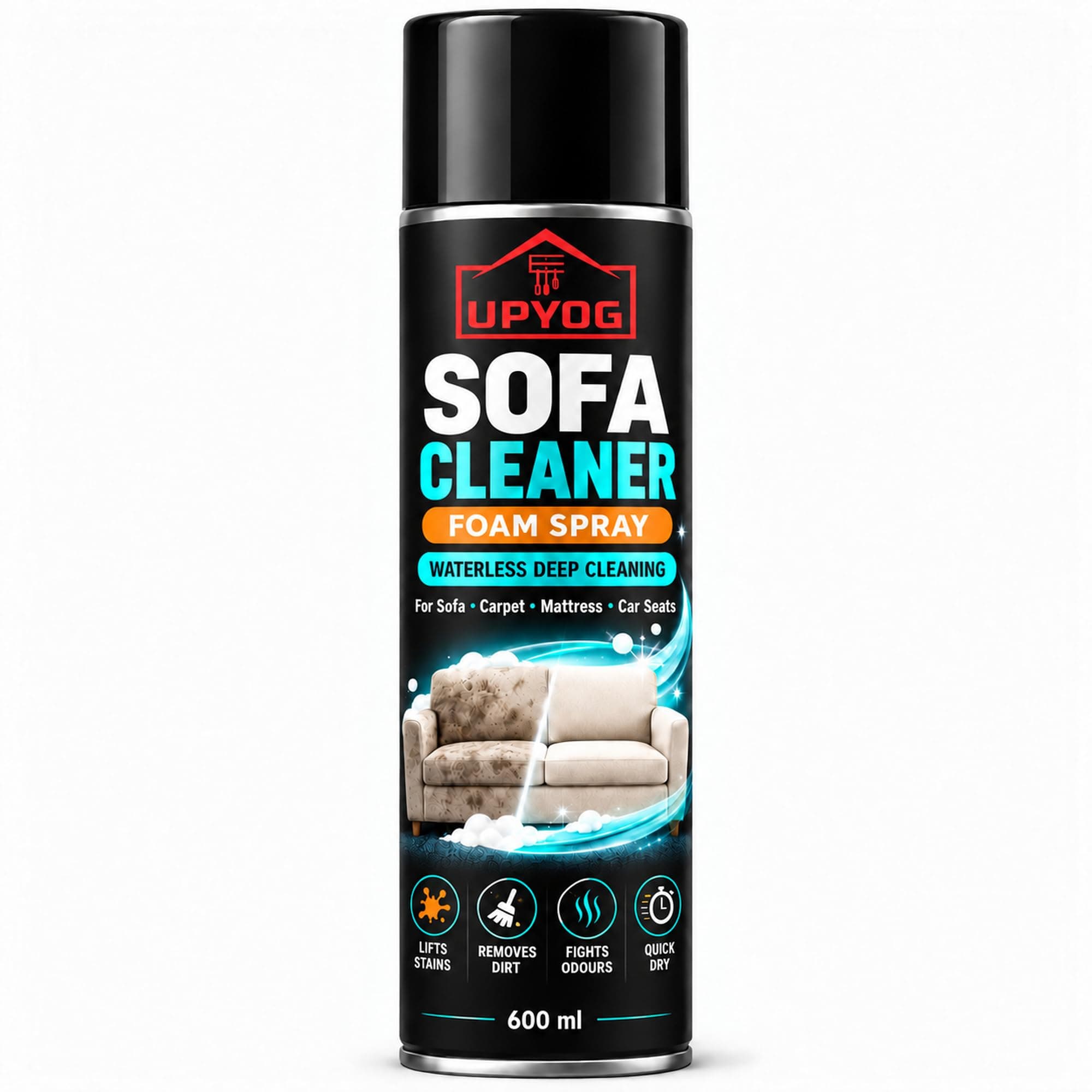 Sofa Cleaner Foam Spray 600ml | Waterless Upholstery Cleaner for Sofa, Carpet, Mattress & Car Seats | Deep Cleaning Foam Removes Stains, Dirt & Odours | Quick Dry Fabric Clean with Fresh Fragrance