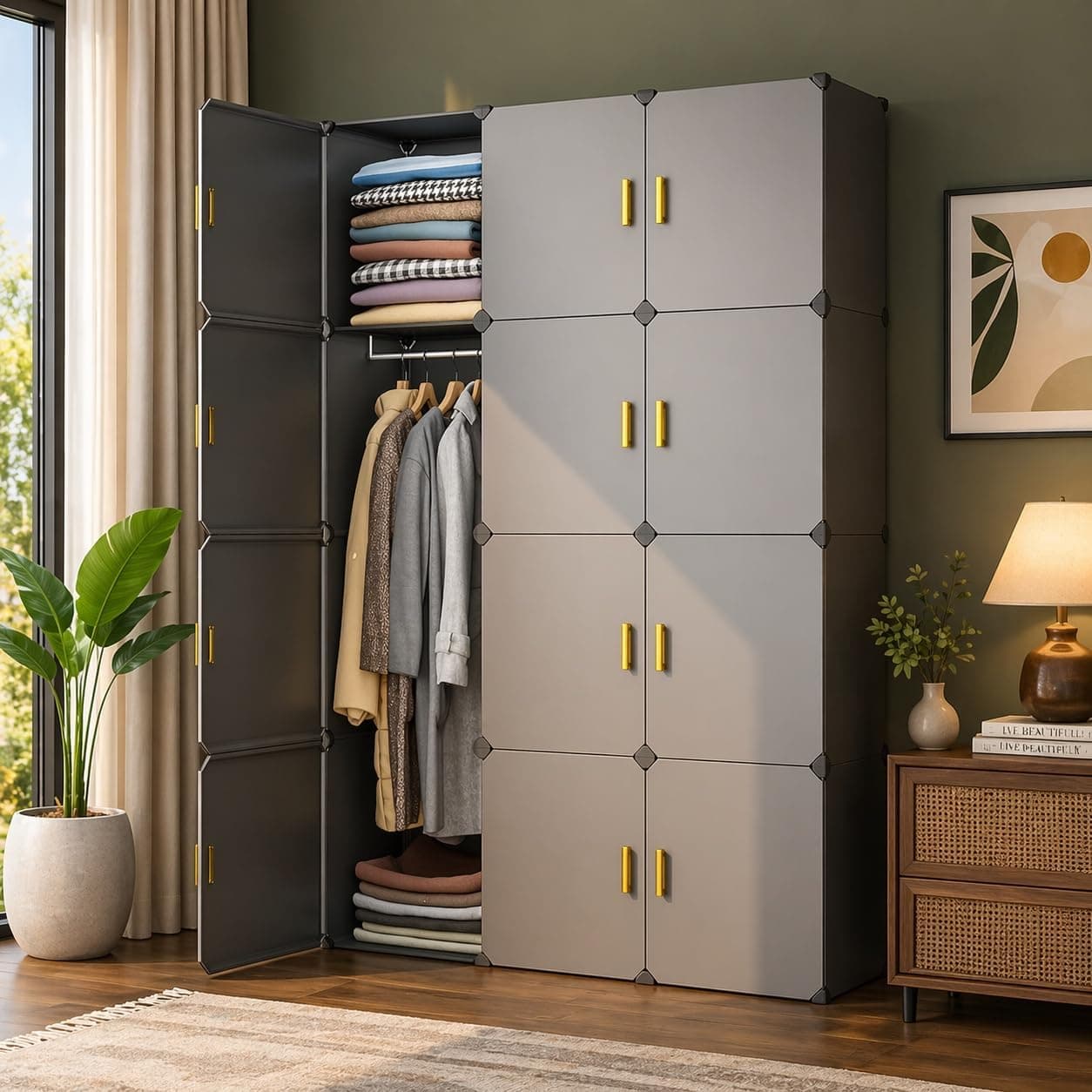 EXVITO Kids Plastic Wardrobe – 12 Door Foldable Almirah for Clothes with Hanging Rod, Collapsible Wardrobe Cartoon Print Cupboard for Baby & Kids Room- HN3
