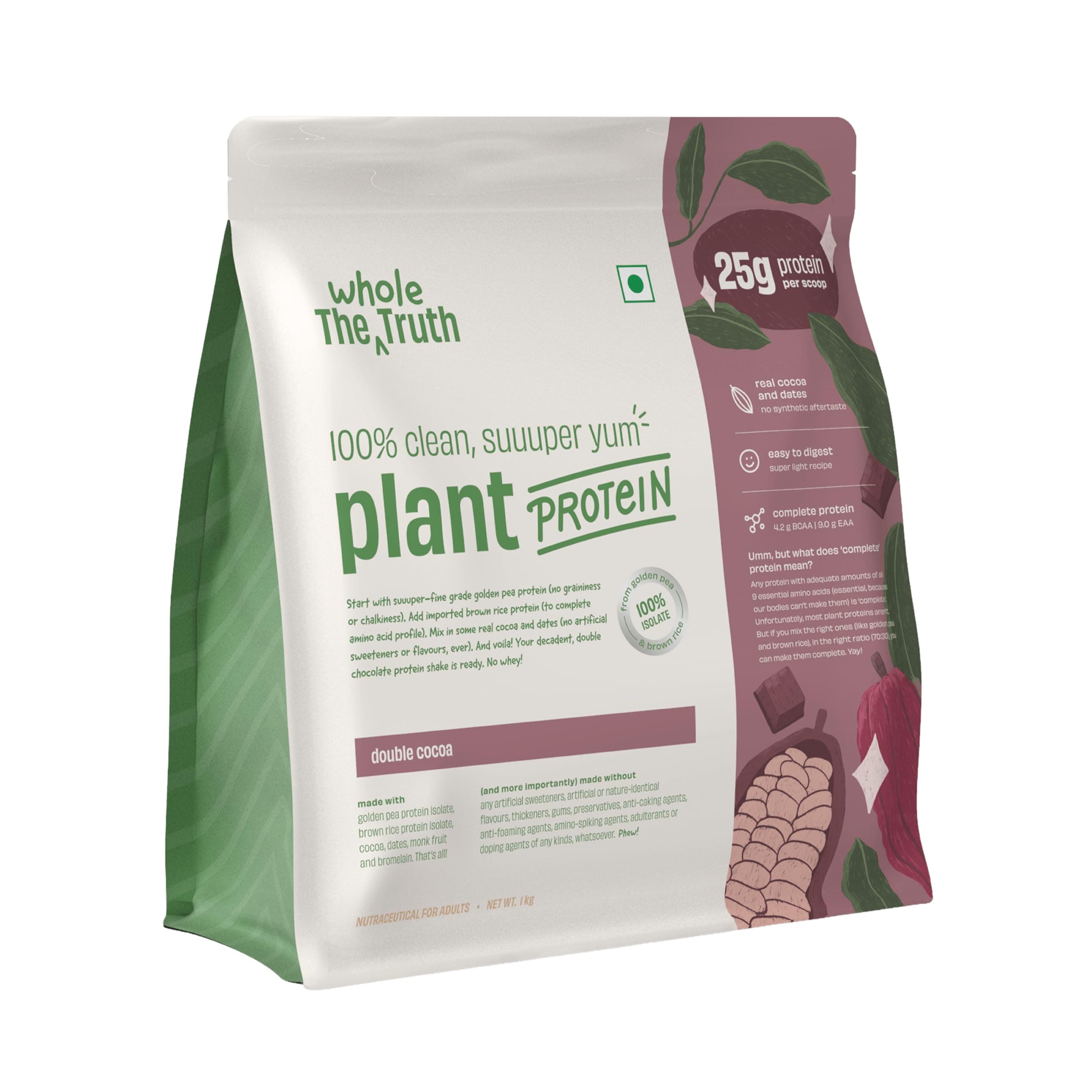The Whole Truth Plant Protein Double Cocoa Isolate 1kg (2.2lbs) 100% Clean Suuuper Yum 25g protein/scoop Real Cocoa & No Added Flavours| Easy to Digest | Super Light Recipe
