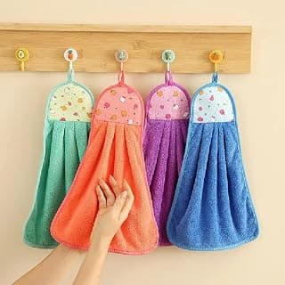 Kitchen Towel Microfiber Anti Bacterial Hand Towel Wash Basin Hanging Napkins Lint Free Kitchen Napkins (Multicolor, Pack of 4)