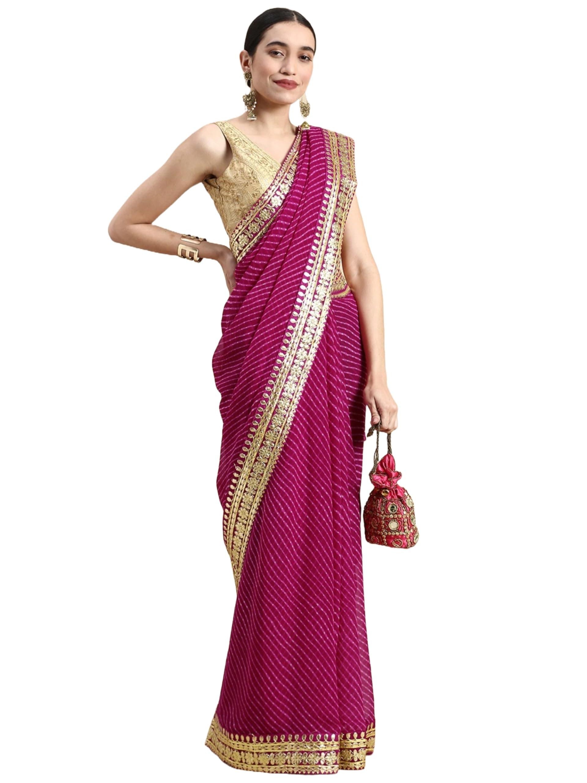 Pandadi Saree Women's Georgette Leheriya Saree With Gota Patti Work Border