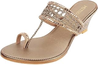 Metro Women's Gold Ethnic Faux Leather Slip On Fashion Heel Sandals