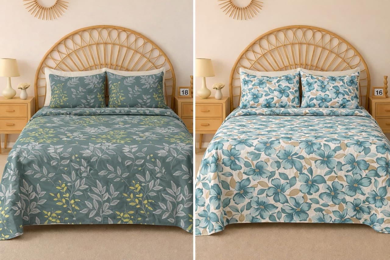 BSB HOME 2 Bedsheet Combo Set with 4 Pillow Covers – Premium Cotton Glace Cotton Printed Double Bedsheets, 2 Elegant Colors, Soft Breathable Luxury Bedding Set - Botanical Olive
