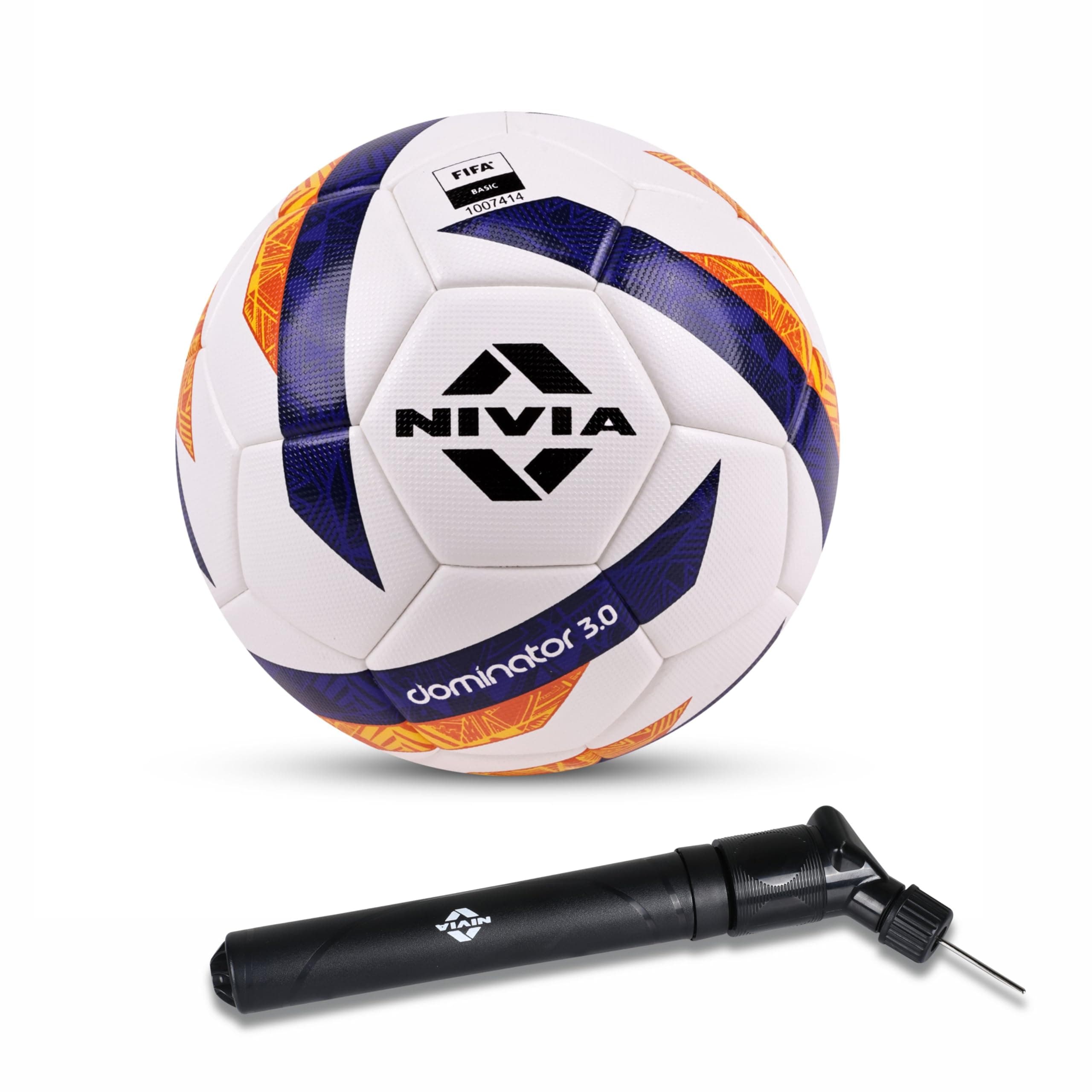 Nivia Dominator 3.0 Football with Ball Pump, Match Ball, 32 Panels, Durable & Soft PU Leather, FIFA Basic, to Play on Both Natural and Artificial Grass (Size - 5, Multicolor)