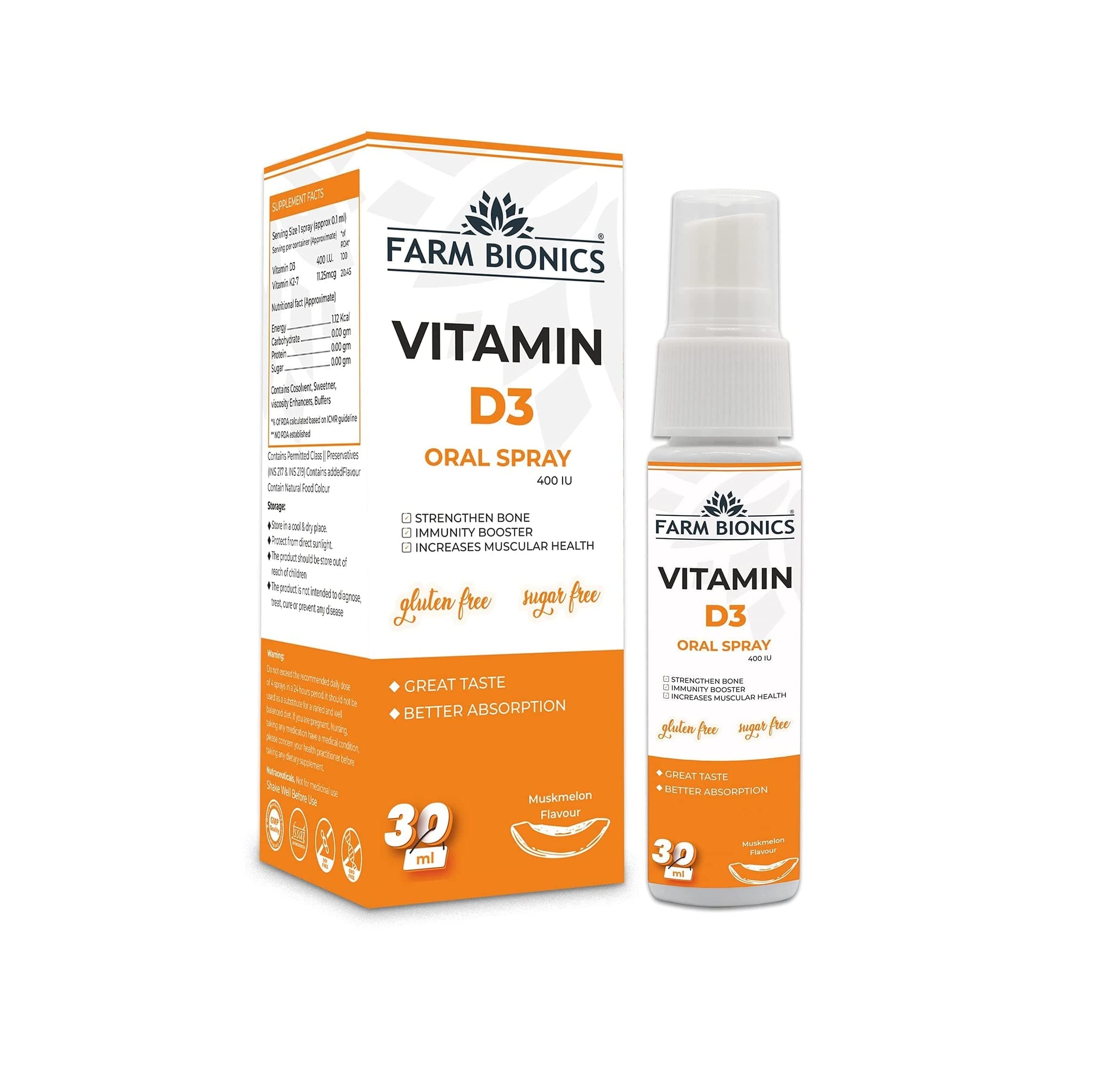 FARM BIONICS Vitamin D3 400 IU Spray Supplement, 30 ml | Vitamin D3 Booster | 100% Vegetarian | Sugar And Gluten Free | Immunity Booster Spray For Men And Women (Pack of 1, Muskmelon)