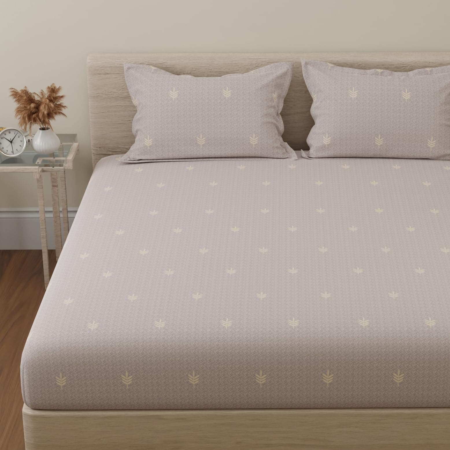 HUESLAND by Ahmedabad Cotton 144 TC Bedsheets Cotton Double Bed with 2 Pillow Covers | Oat Brown & White