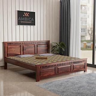 Sheesham Wood Bed Without Storage Solid Wooden Cot Bed Elegant and Functional Bedroom Living Room Home (Walnut, King)