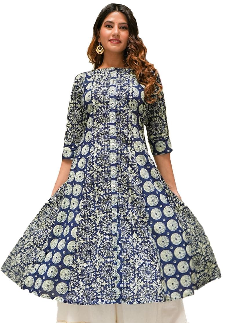 Yash Gallery Women’s Plus Size Printed Flared A-Line Long Kurta with Front Buttons, 3/4 Sleeves & Ethnic Indie Motifs | Soft Cotton Fabric Casual Kurti
