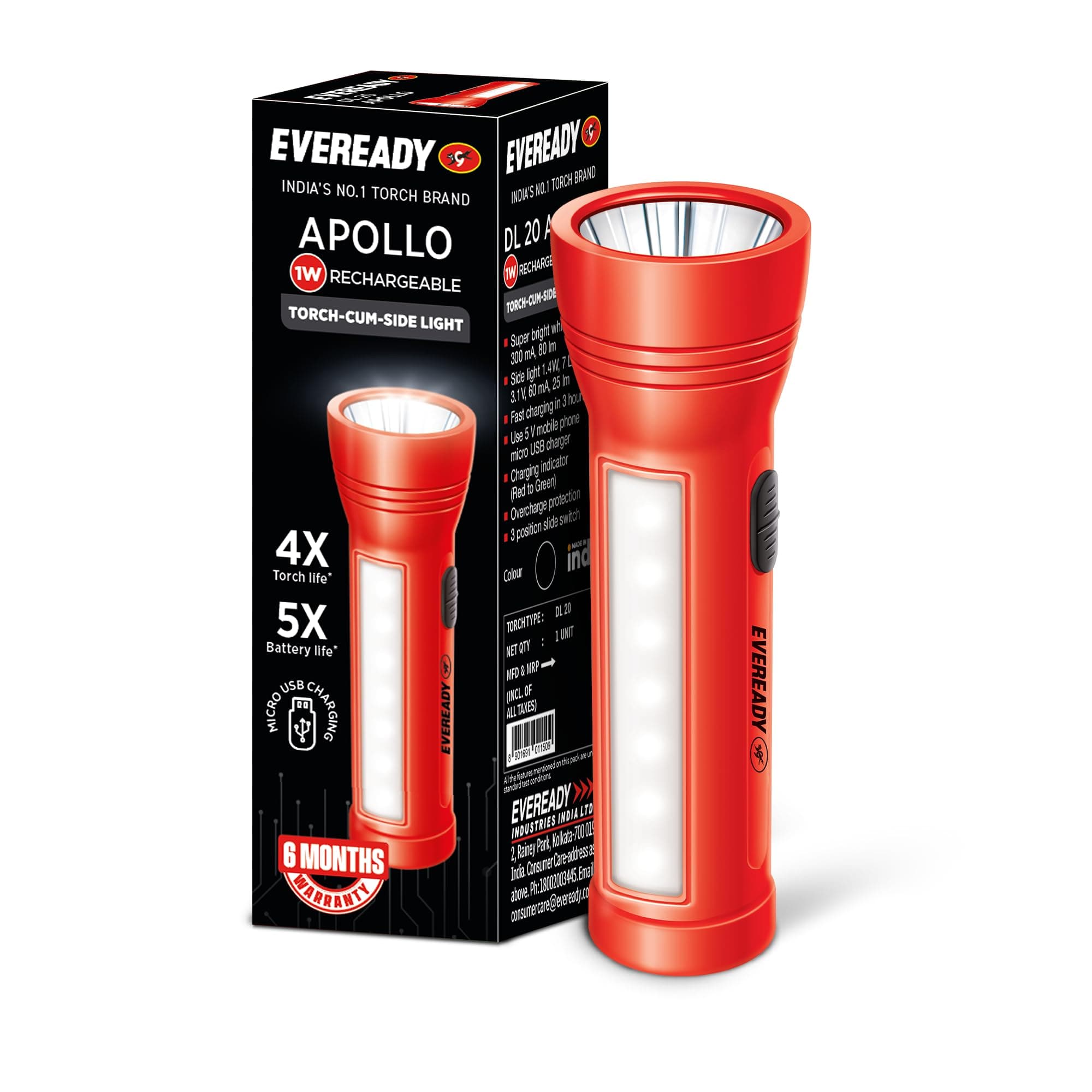 Eveready Apollo DL20, Rechargeable 1W Led Torch Cum 1.4W Emergency Sidelight/Face Light, Type-B/Micro USB Fast Charging, Overcharge & Deep Discharge Protection, Powered By Li-Ion Battery
