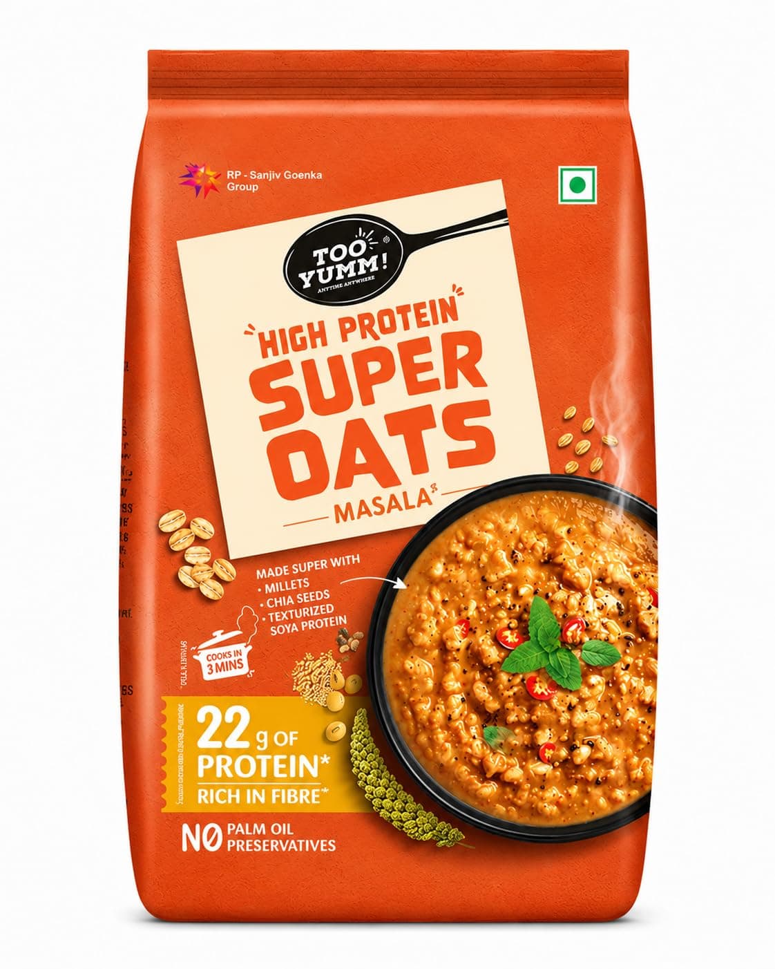 Too Yumm Oats High Protein Super Oats Masala | 350g | 22.2g Protein | Oats, Soya Chunks, Millets, Bajra, Jowar & Chia Seeds | 12.2g Dietary Fibre