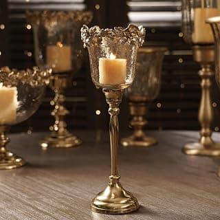 PURE HOME + LIVING Amber & Gold Glass Hammered Candle Holder with Stand - Large