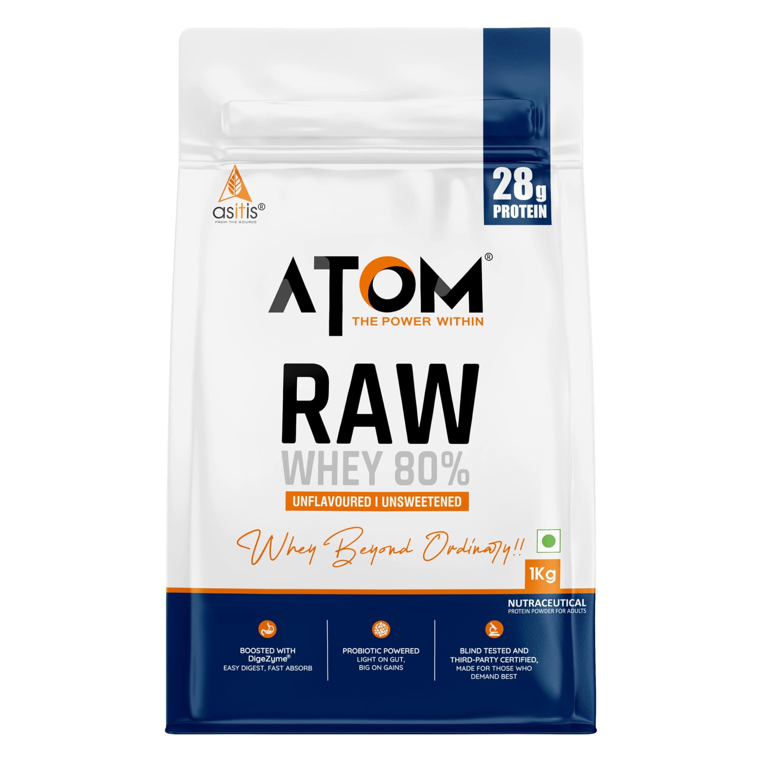 AS-IT-IS ATOM Raw Whey Protein 1kg with Enzymes | 28.5g Protein | USA Labdoor certified | 6.4g BCAA
