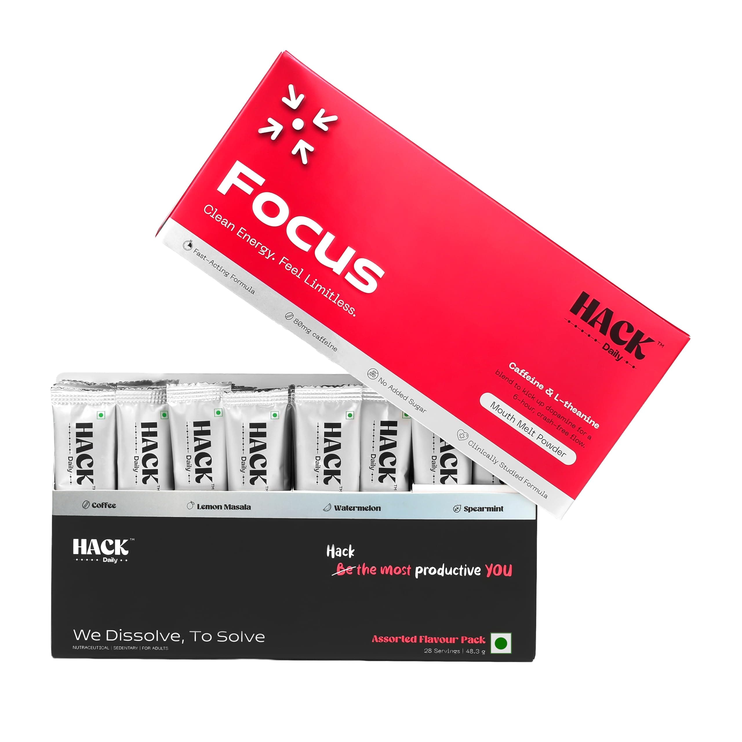 Hack Daily Energy & Focus Mouth Melt Powder Sachets, 80mg Caffeine + 60mg L-Theanine, Vitamin B6 & B12, No Added Sugar, Quick Energy Boost & Mental Focus (84 Sachets, Assorted)