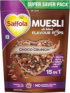 Saffola Muesli Choco Crunch with Flavour Pops, 700 gm | 15 in 1 Fruit and Nuts, Seeds, Millet & more | Cereals for breakfast rich in wholegrain, protein, fibre