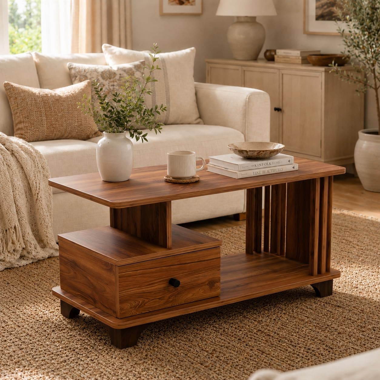 Studio Kook Casa Coffee Table with Storage Drawer, Contemporary Centre Table, Matte Finish (Amber Walnut)