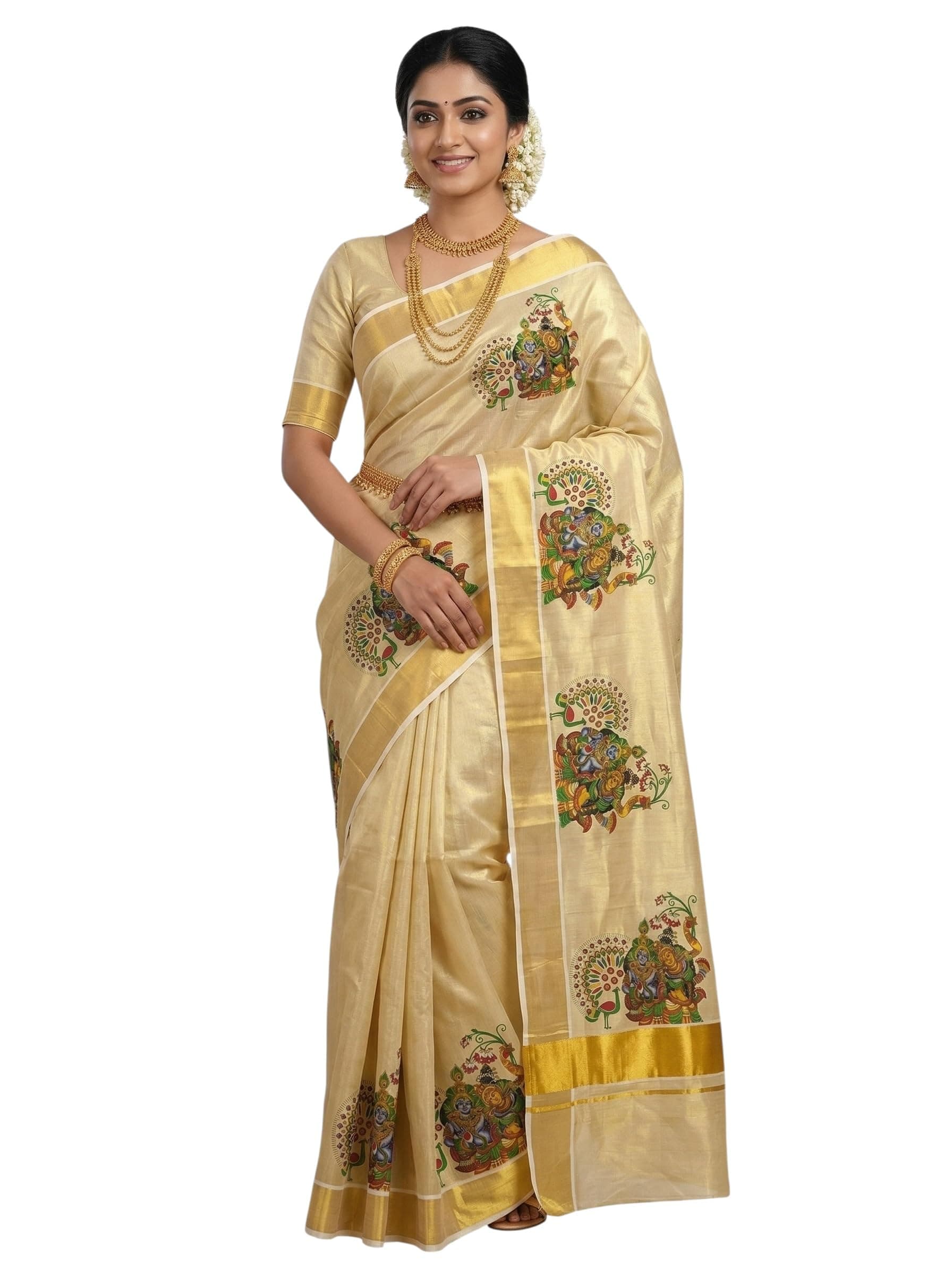 ALLUVY Women's Kuthampully Kerala Kasavu Saree Tissue Mural Hand Printed - Multi Colour EKM-662
