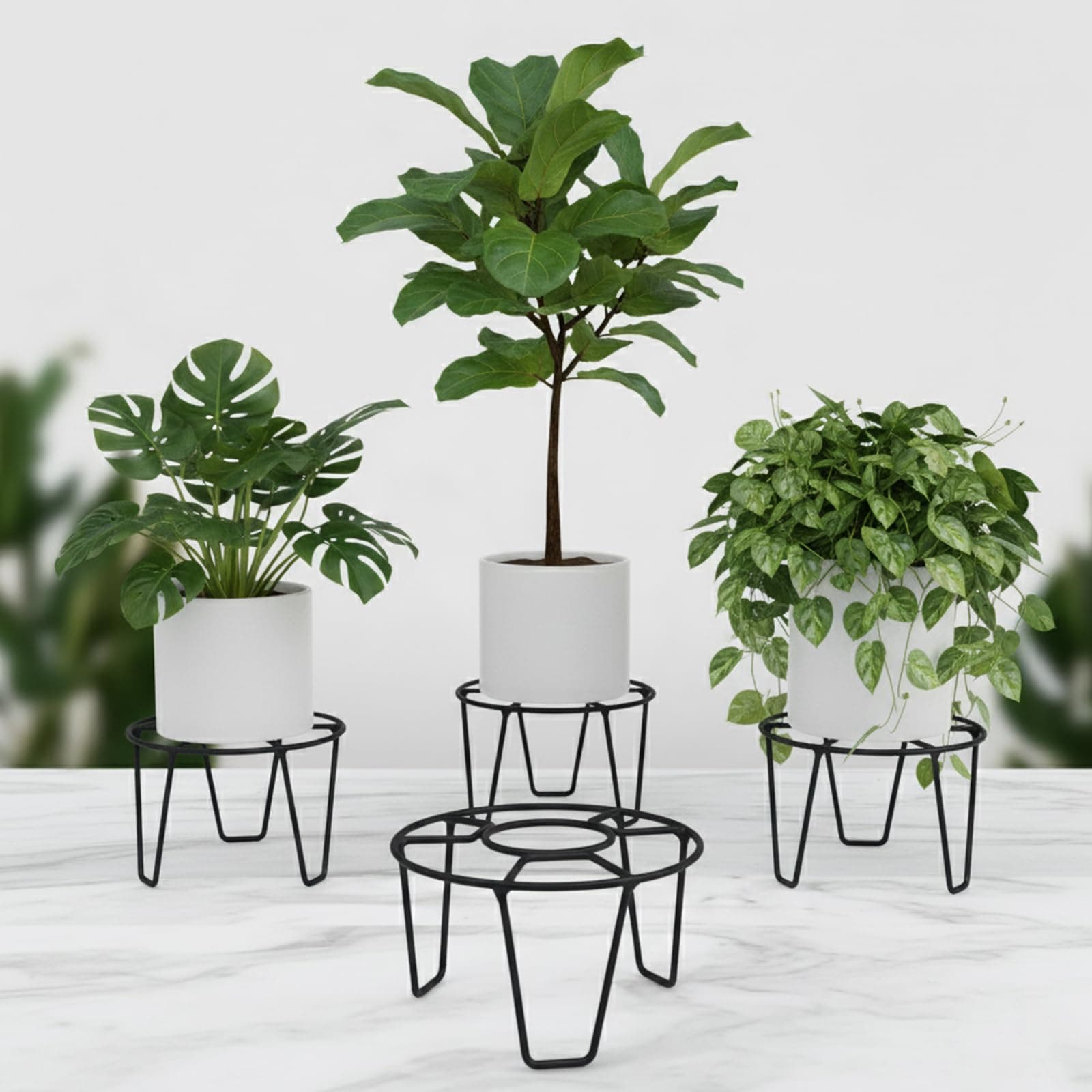 ORILEY Plant Round Stand Galvanised Metal Flower Pot Holder Indoor Gamla Support Corner Rack Outdoor Display Shelf for Home Garden Balcony Decoration - (Pack of 4, Black)