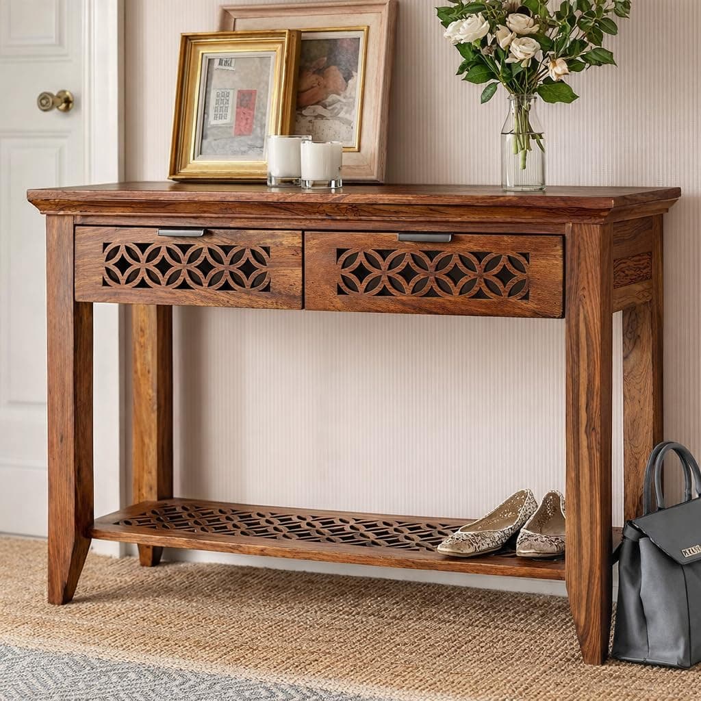 Vivek Wood Solid Sheesham Wood Console Table for Living Room | Entryway Hallway Sofa & Fish Tank Table with 2 Drawers & Shelf Storage | Wooden Side Entrance Furniture | Rosewood Honey Finish