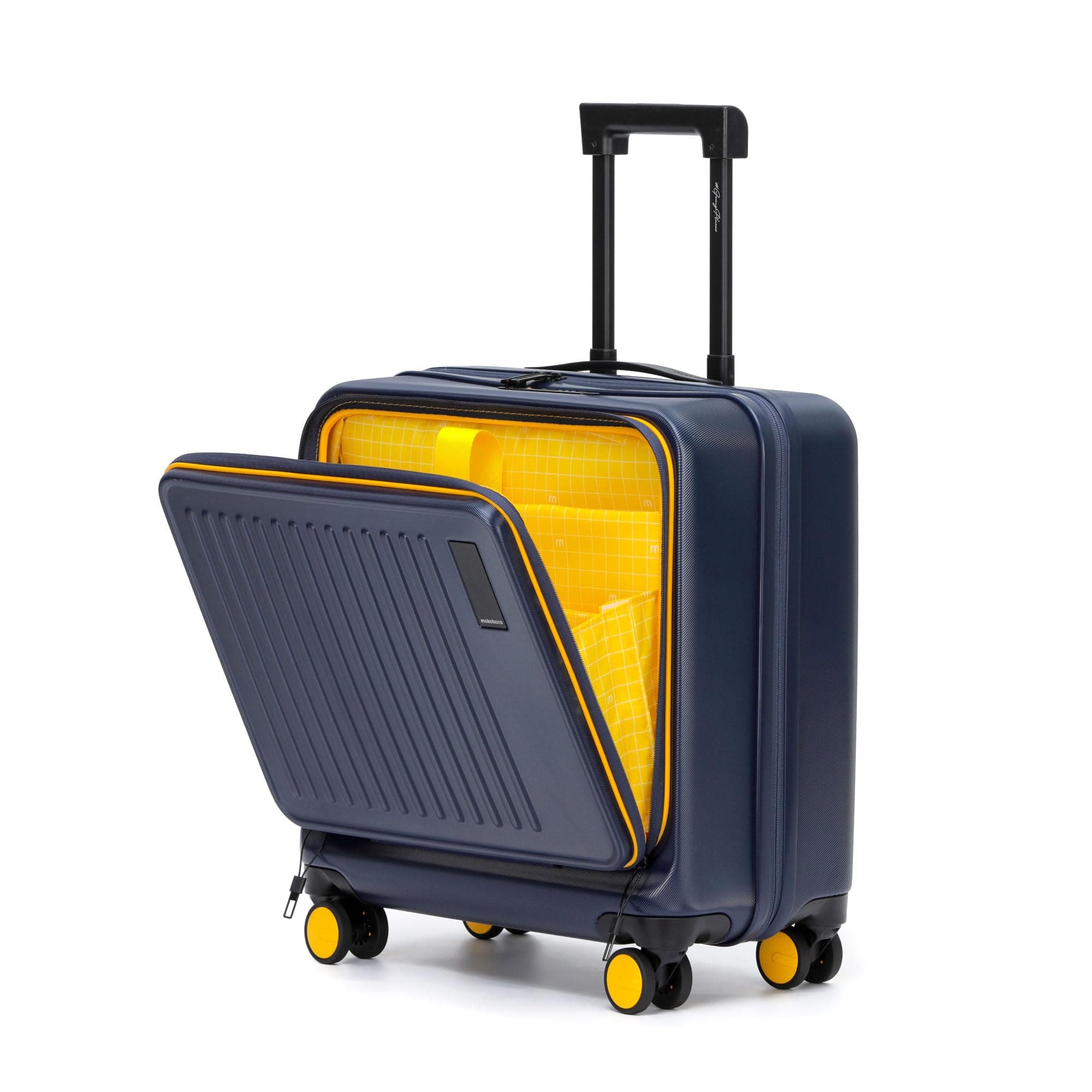 MOKOBARA Transit Cabin Overnighter Luggage Trolley Bag-45cm(44L),Polycarbonate Hardshell,Tech Compartment Fits 15.6" Laptop,TSA Lock,8 Silent Wheels,for 2 Day Trip,Blue&Yellow(We Meet Again Sunray)