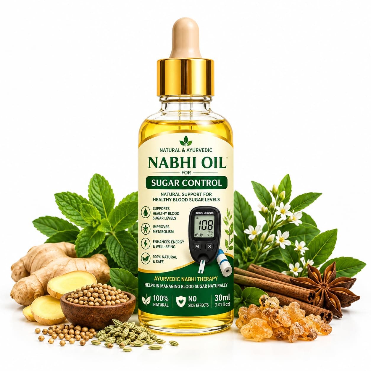 Nabhi Oil for Sugar Control | Ayurvedic Blend Belly Button Oil for Blood Sugar Maintain, Help Sugar Cravings & Weight Maintain & Body Detox | Navel Oil Therapy for Overnight Treatment | 30ml, Pack of 1