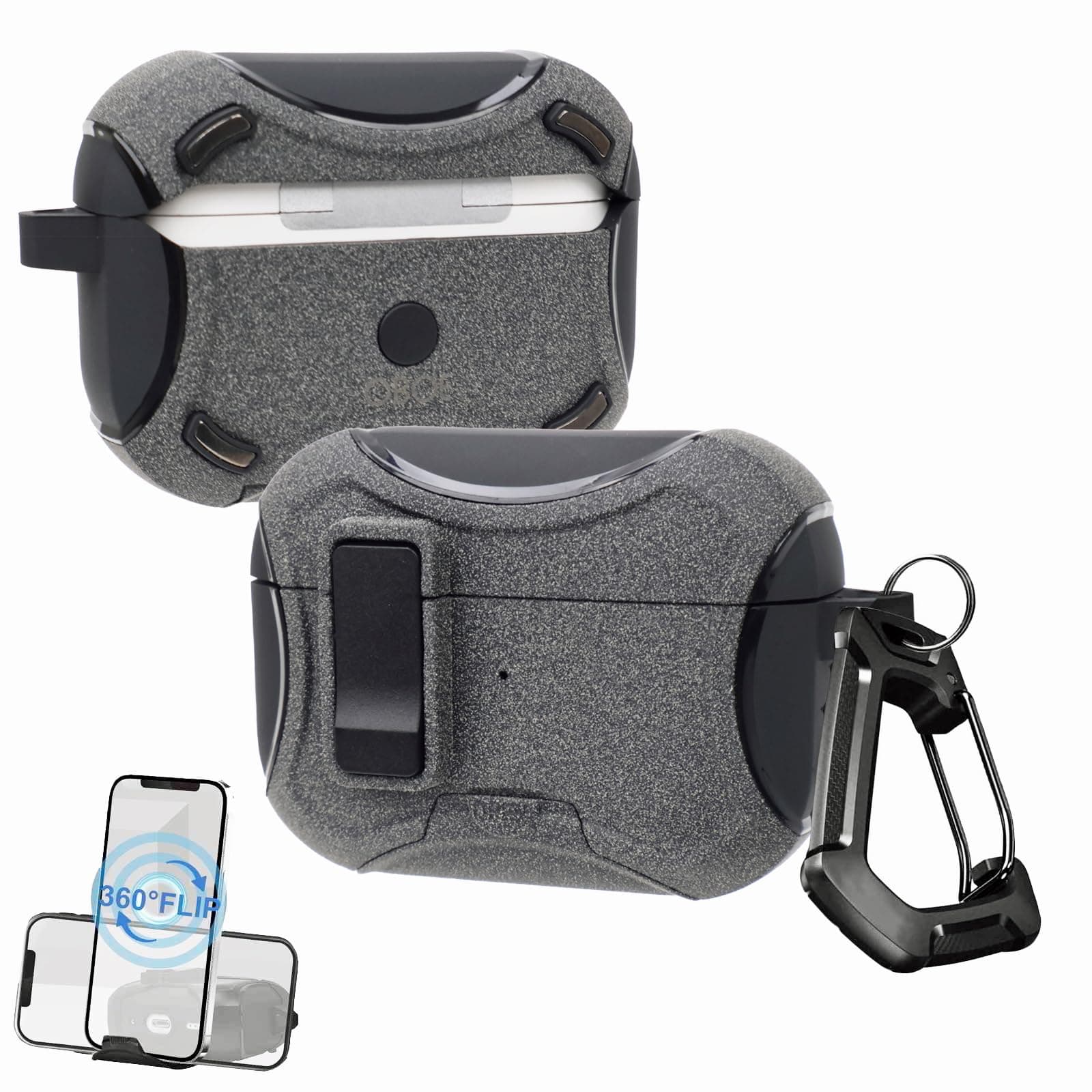 Oboe TPU Case 'Compatible with' Apple Airpods Pro 2 Case (2023/2022/2019, 2nd/1st Gen), Magsafe Ready Case with Phone Stand, Full Drop Protection Cover, Magnetic Lock & Keyring (Grey-Black)