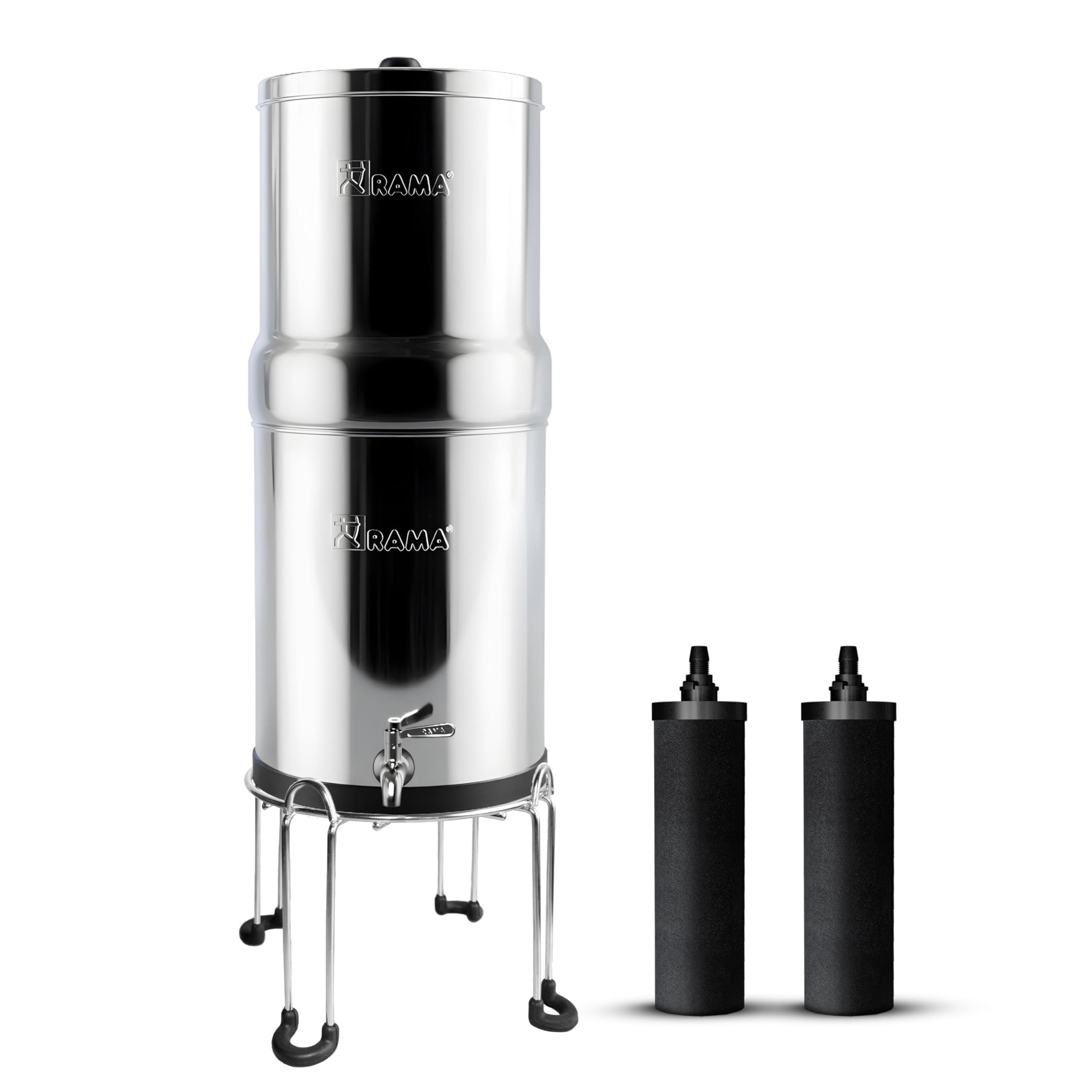RAMA Gravity Water Filter | 24L Total Capacity (12L Storage) | 304 Stainless Steel Non-Electric Purifier for Home | Includes 2 Carbon Candles, Steel Tap & SS Stand | 10-Year Warranty