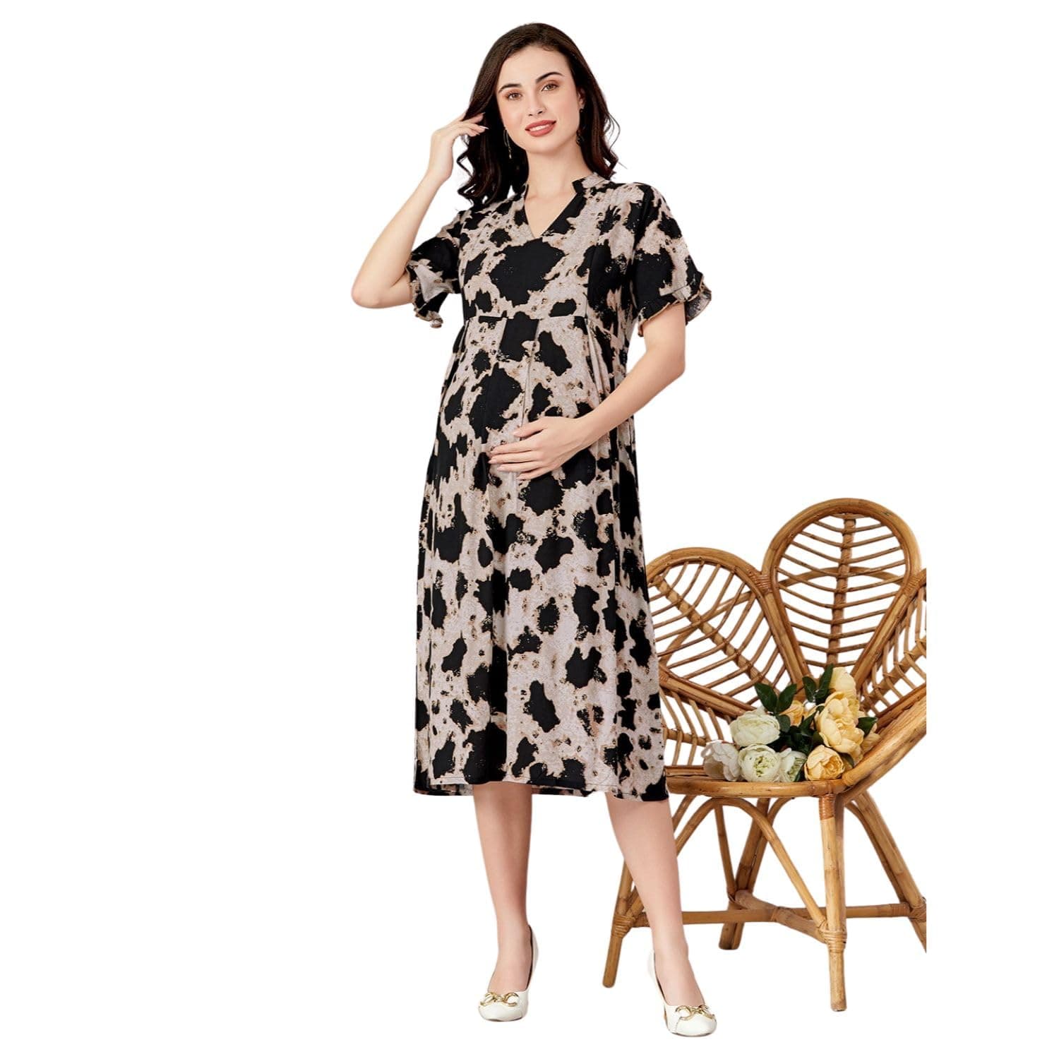 Lovely mom's | Rayon Maternity & Nursing Dress | Dual-Side Zipper Access | Zipper Nursing Access | Printed Design | V-Neck | Animal Print | Pre & Post Pregnancy Wear